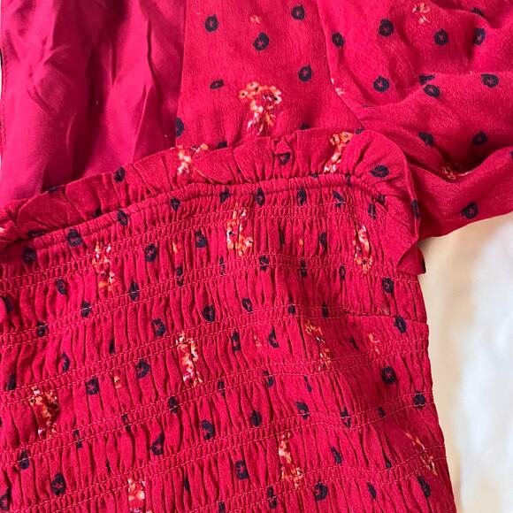 NWT Free People Red Floral Print Smocked Long Sleeve Mini Dress Sz M Cottagecore - Picture 4 of 12